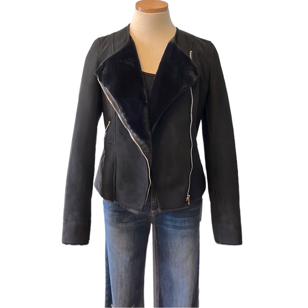 Zara Short Faux Leather Suede Fur Moto Jacket, Black, XS